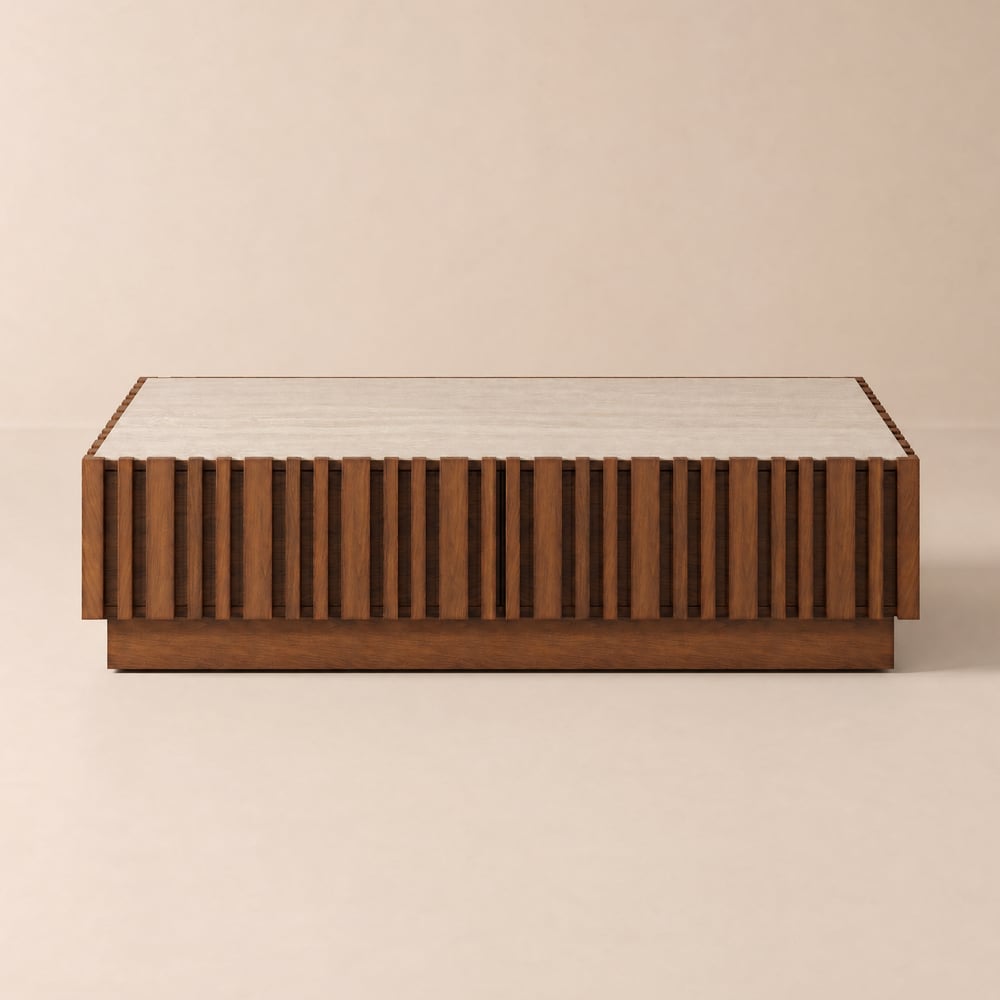 Aura 1200mm Ash Wood Slatted Coffee Table with Sintered Stone Top window image
