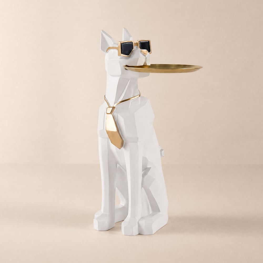 Modern White Dog Resin End table with Tray Top and Tissue Box window image