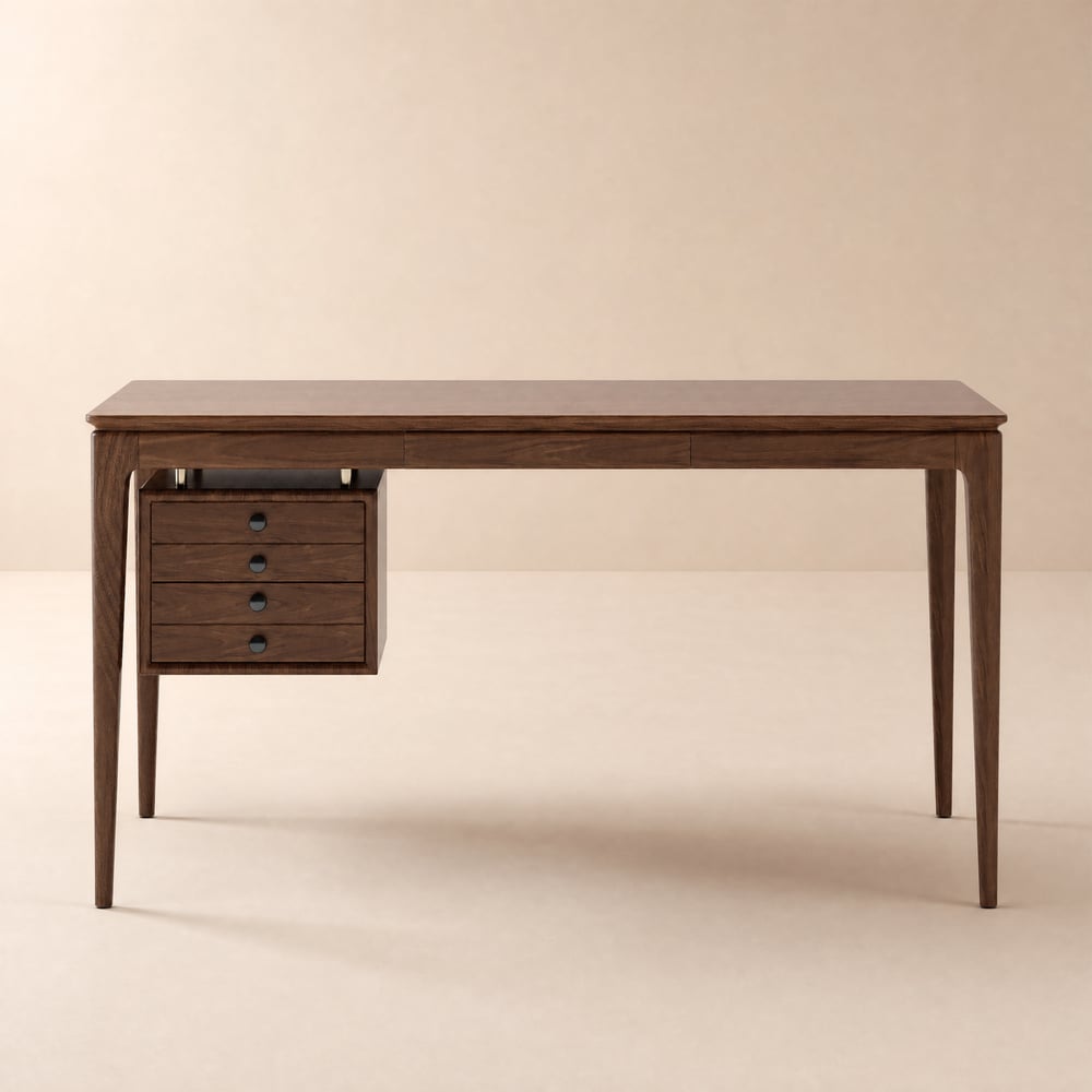 Mid-Century Modern 140 cm Rectangular Walnut Ash Wood Desk with 3 Drawers window image