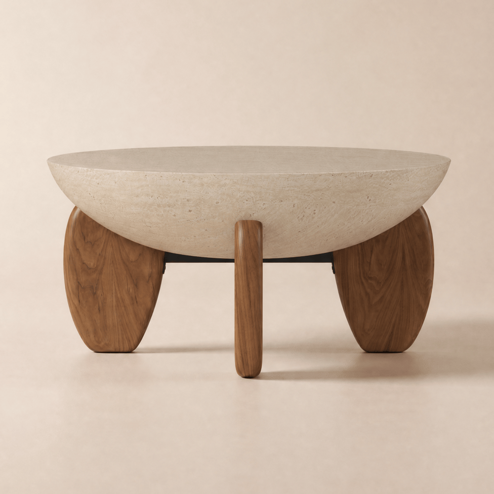 Mesa de Centro Redonda Curva de 76 cm de Fibra de Vidrio con Aspecto de Hormigón y Patas de Madera Imagen de ventana