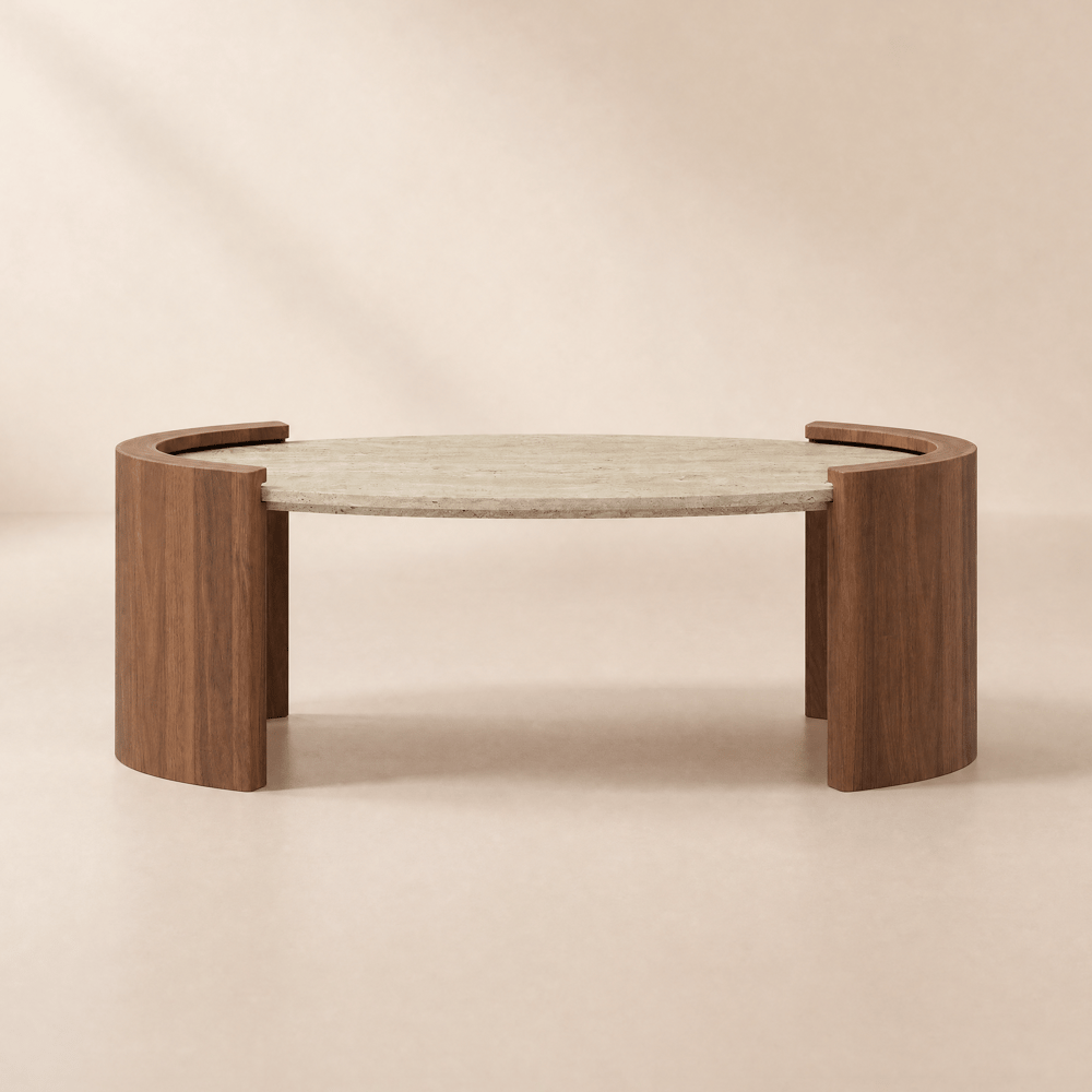 43" Japandi Oval Travertine Stone Top Coffee Table window image