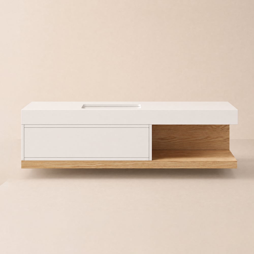 Set da bagno moderno galleggiante da 59" bianco e naturale con lavandino Immagine della finestra