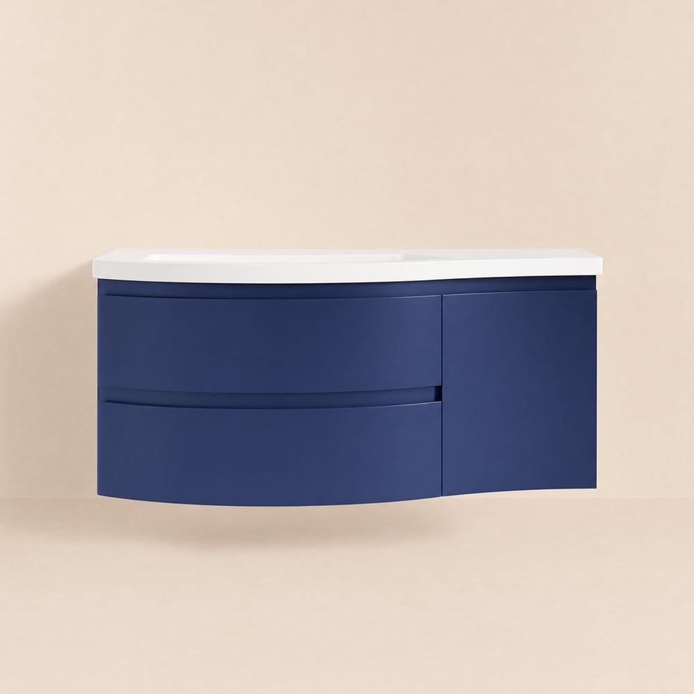 35" Navy Floating Single Curved Bathroom Vanity with Sink & Storage window image