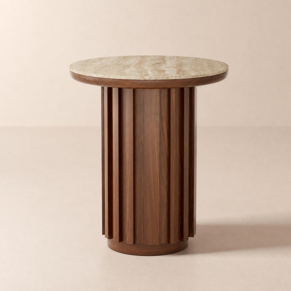 Table d'appoint ronde cannelée Aura, 51 cm, en bois de frêne avec plateau en pierre frittée image de fenêtre