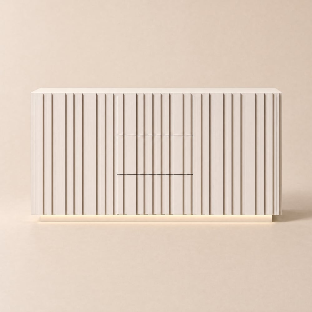 Aura 60" Whitewash Faux Travertine Sideboard with Ash Wood Slatted Doors & LED Light window image