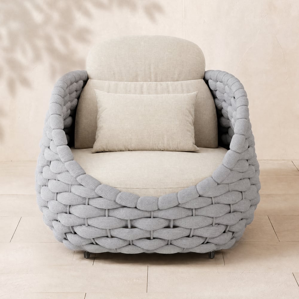 Cocaro Outdoor Aluminum & Rope Weave Swivel Lounge Chair in Gray & White window image