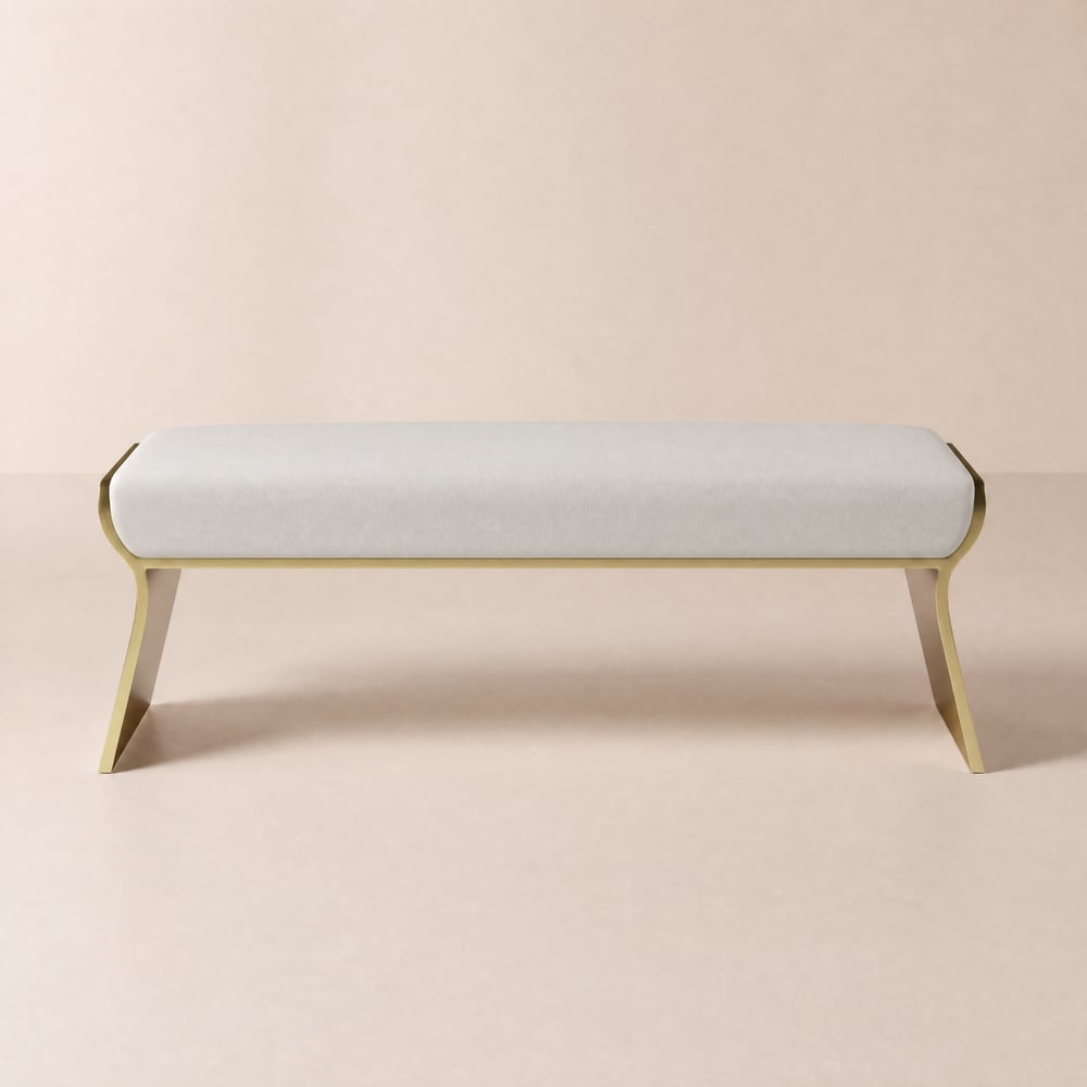 Panca lunga per camera da letto imbottita in pelle Upart beige moderna in acciaio inossidabile Immagine della finestra