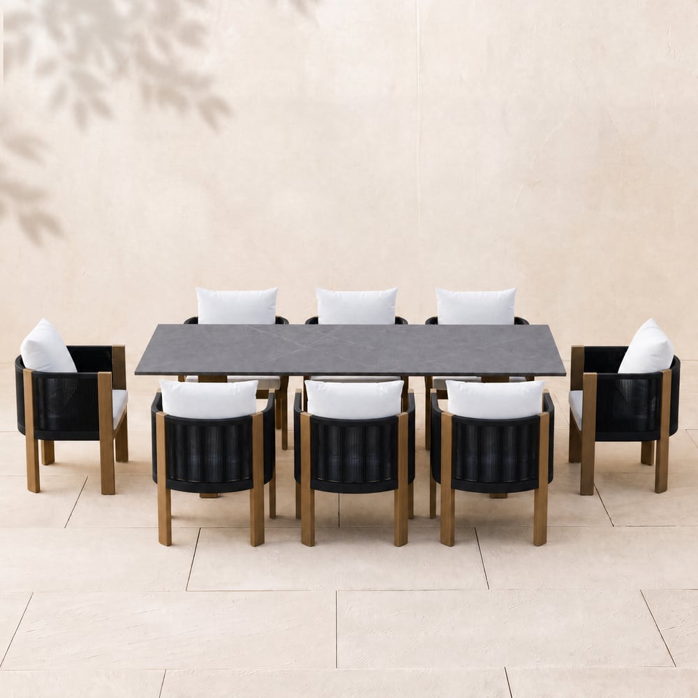 Conjunto de jantar ao ar livre de mármore sintético de 9 peças com cadeiras de corda tecida para 8 pessoas (86,6") Imagem da janela