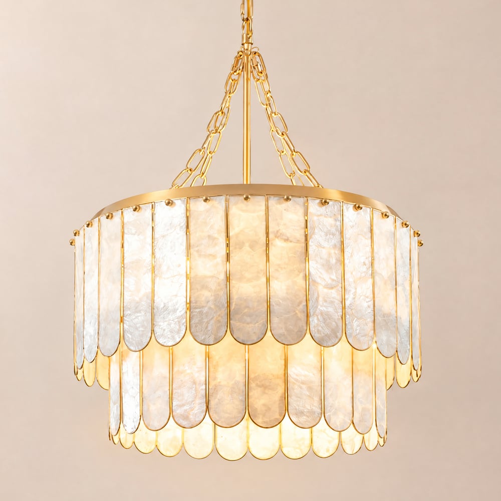 Coastal 5-Light Capiz Shell 2 Tiered Faceted Chandelier Pendant Light in Gold & White window image
