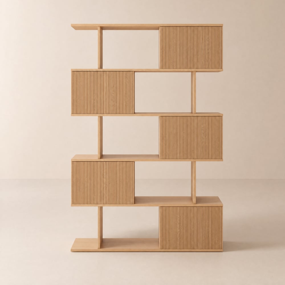 72.8" Natural Sliding Door Etagere Bookshelf 5-Shelf Tall Book Shelf Rich Storage window image