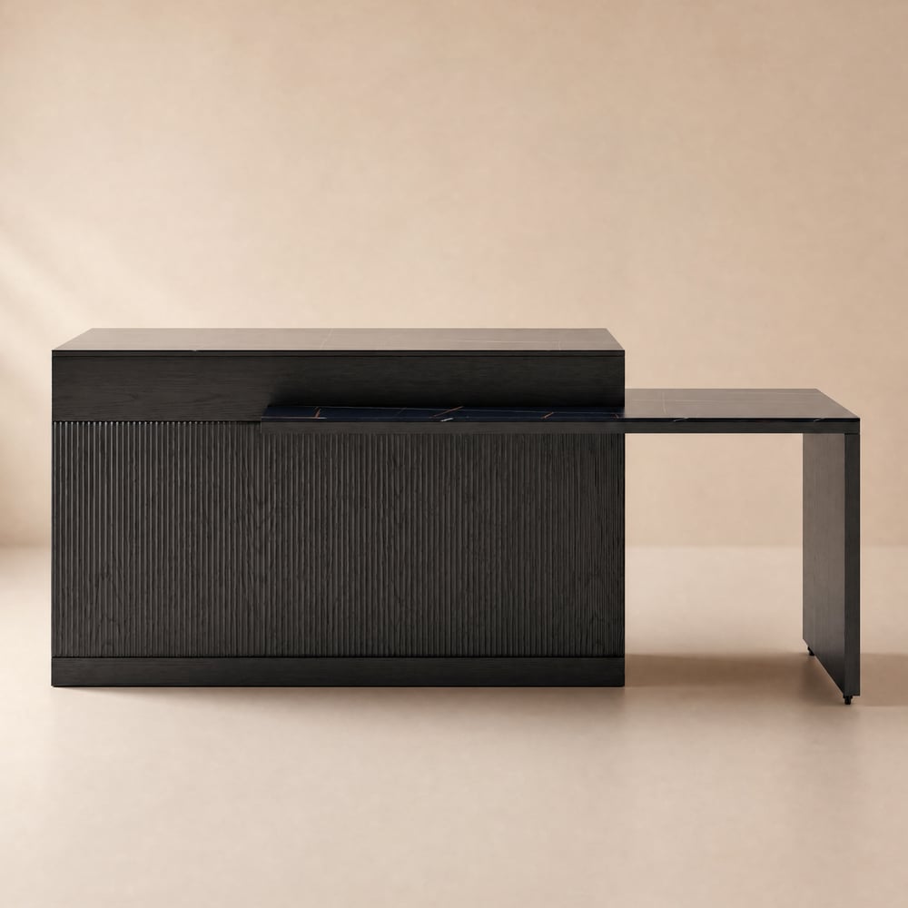 Isla de cocina extensible de 205 - 284 cm con encimera de piedra sinterizada, puertas y cajones negro Imagen de ventana