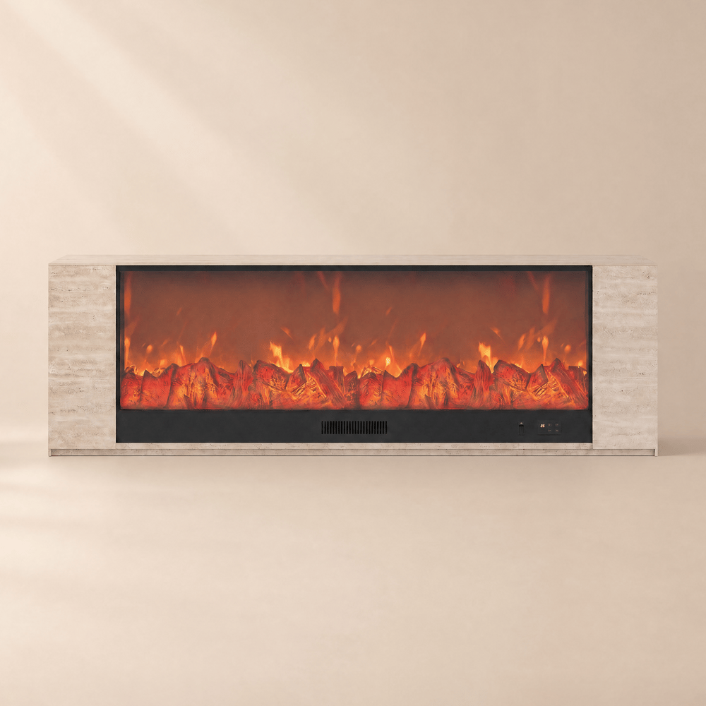 Meuble TV de 220 cm en pierre frittée avec cheminée électrique et télécommande image de fenêtre