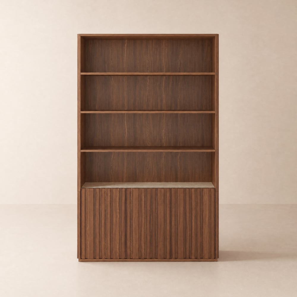 Aura 47” Ash Wood Fluted Walnut Bookcase With Sintered Stone Top window image