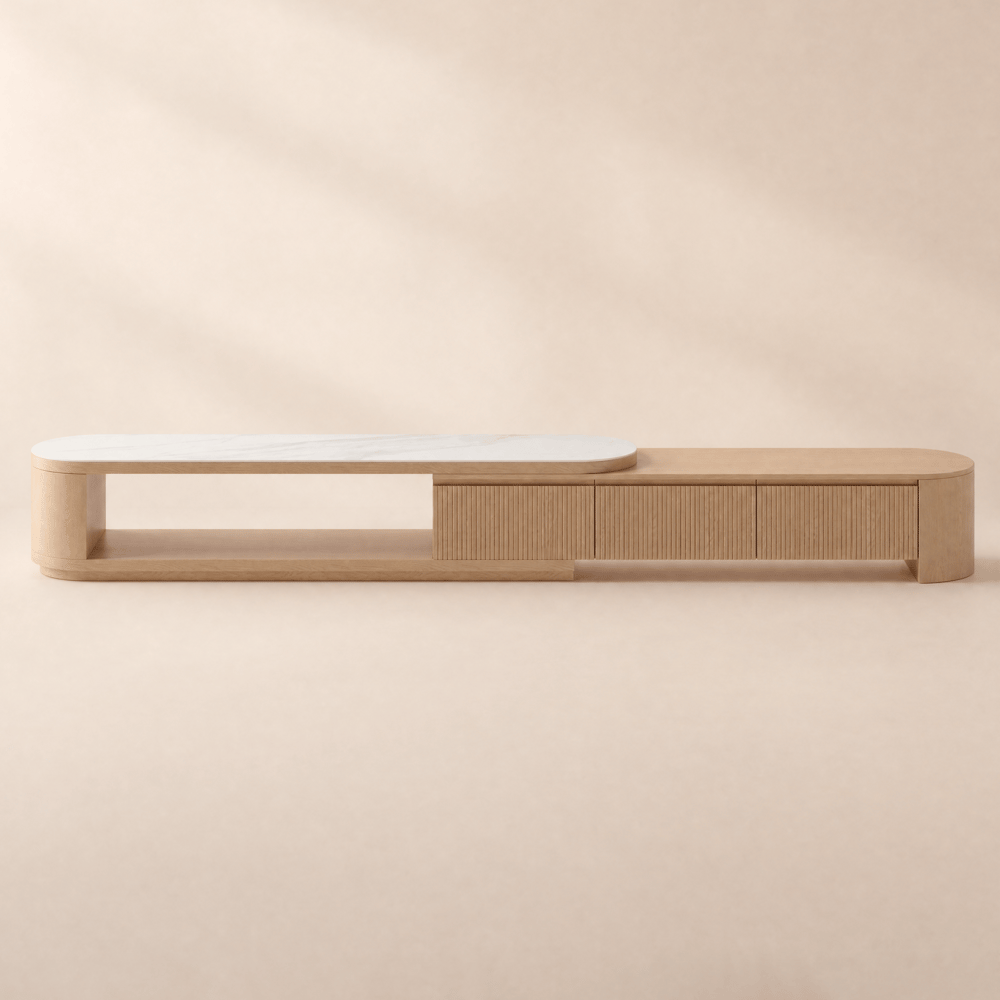 Móvel TV extensível Velar de 180-290 cm com design canelado, folha de pedra sinterizada e 3 gavetas Imagem da janela