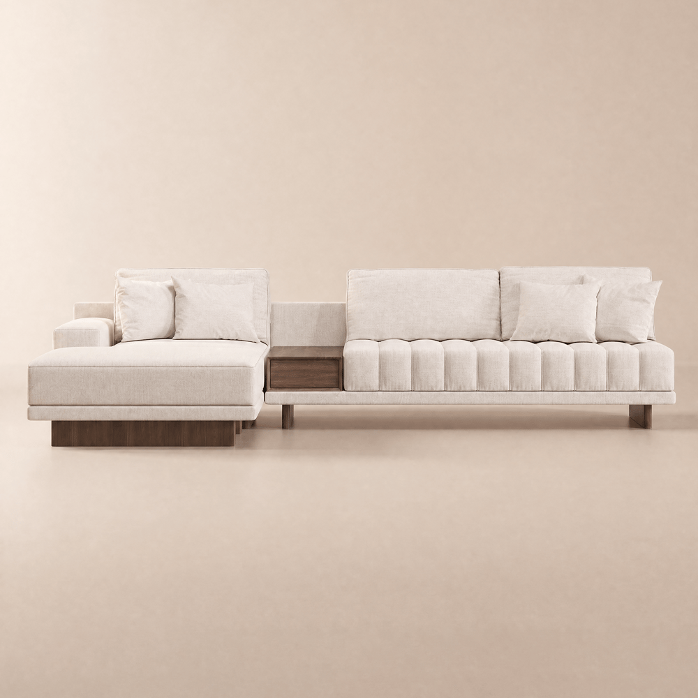 Modulaire hoekbank Vewal van katoen en linnen in L-vorm, 320 cm, met chaise longue en poef Vensterafbeelding