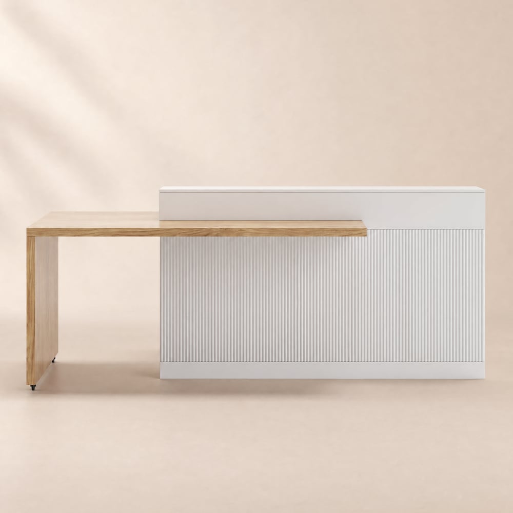 Extendable kitchen island, 2050 mm - 2680 mm, marble effect, with natural and white doors and drawers window image