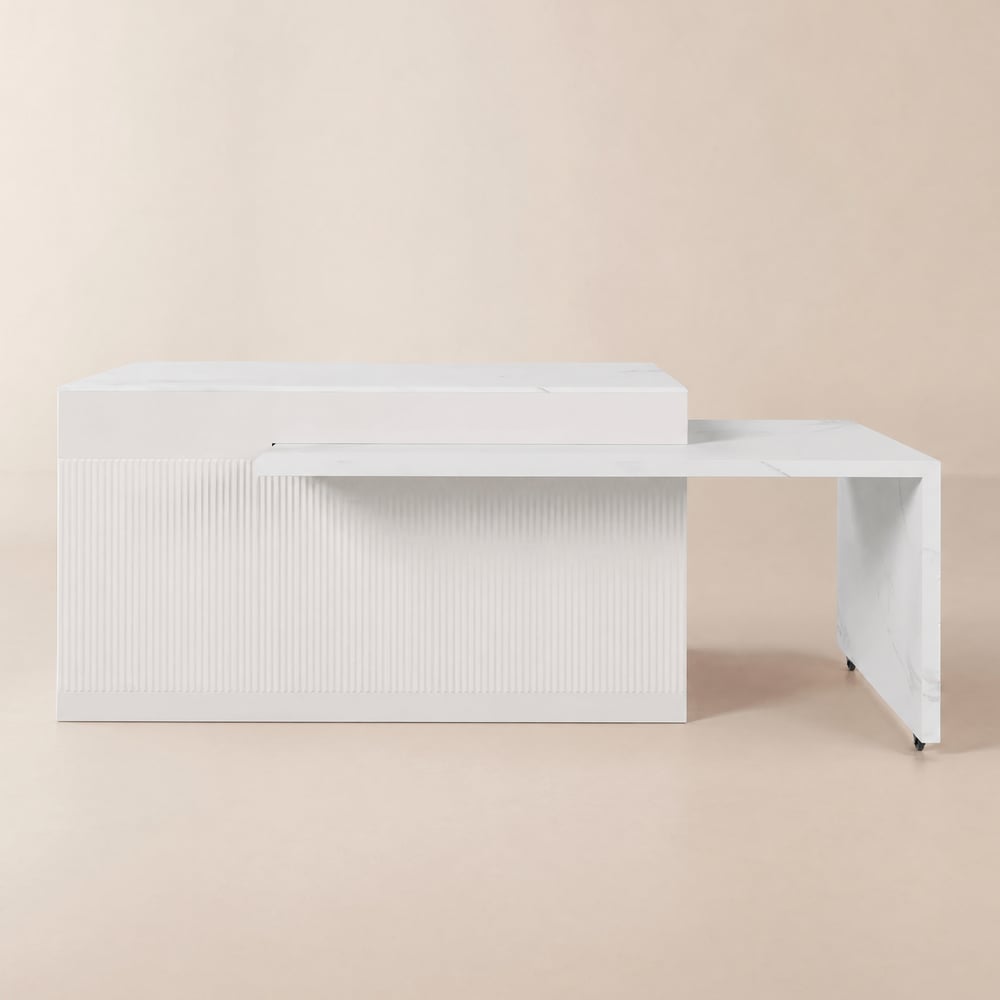 Îlot central de cuisine moderne extensible 205-284 cm avec plateau effet marbre blanc et rangement image de fenêtre