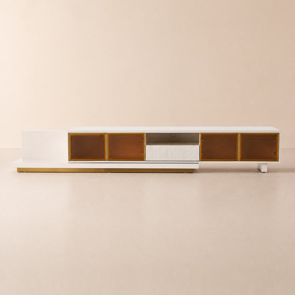 Meuble TV extensible de 201 à 279 cm avec lumière LED, armoires à portes en verre trempé et tiroir image de fenêtre