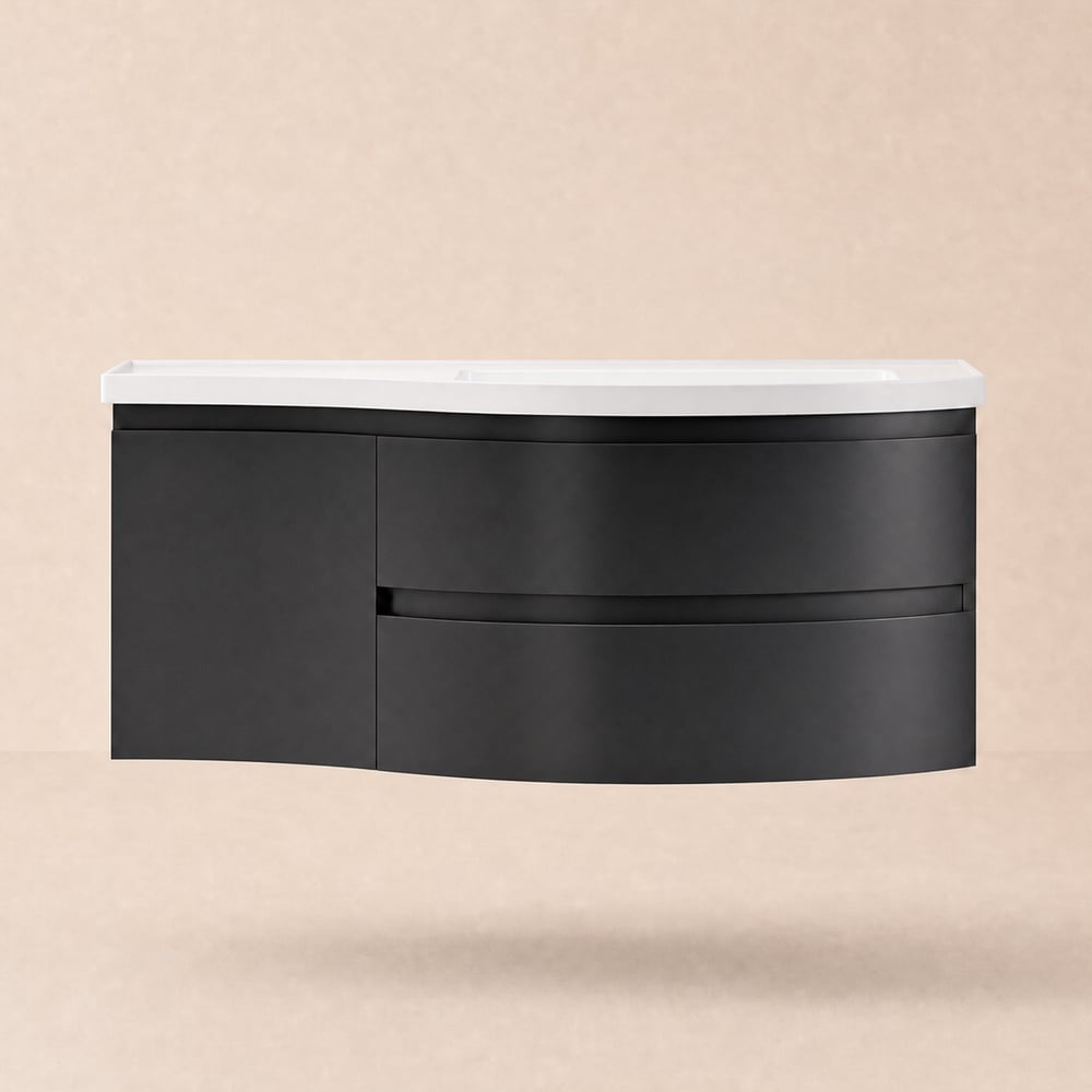 900mm Floating Curved Bathroom Vanity in Black Right Offset Single Sink Bathroom Cabinet window image