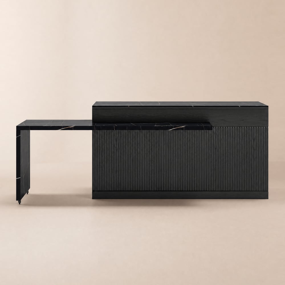 Modern 81"–106" Extendable Marble Pattern Kitchen Island with Doors & Drawers, Black window image