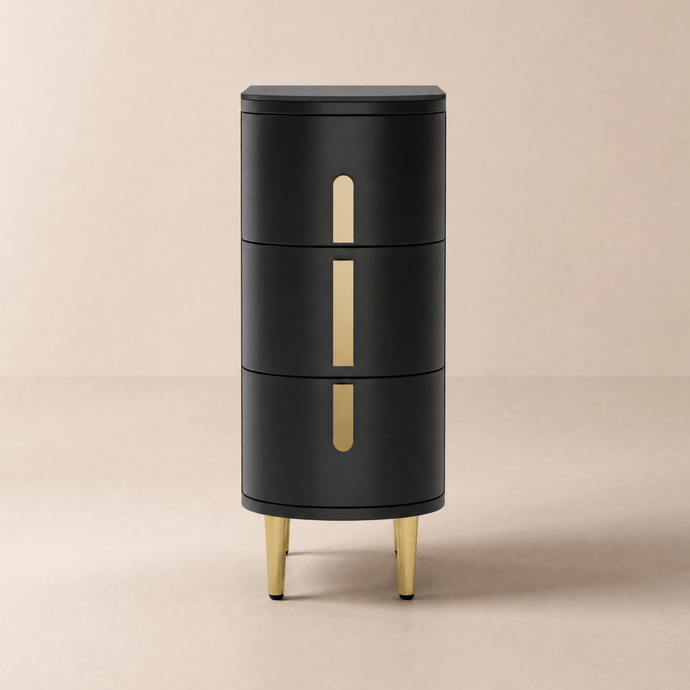 Black Leather 3-Drawer Narrow Bedside Table with Sintered Stone Top window image