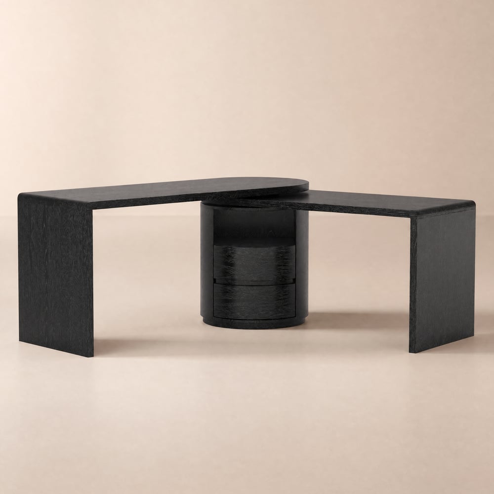 Bureau de direction rotatif 152 cm en forme de L noir avec tiroirs image de fenêtre