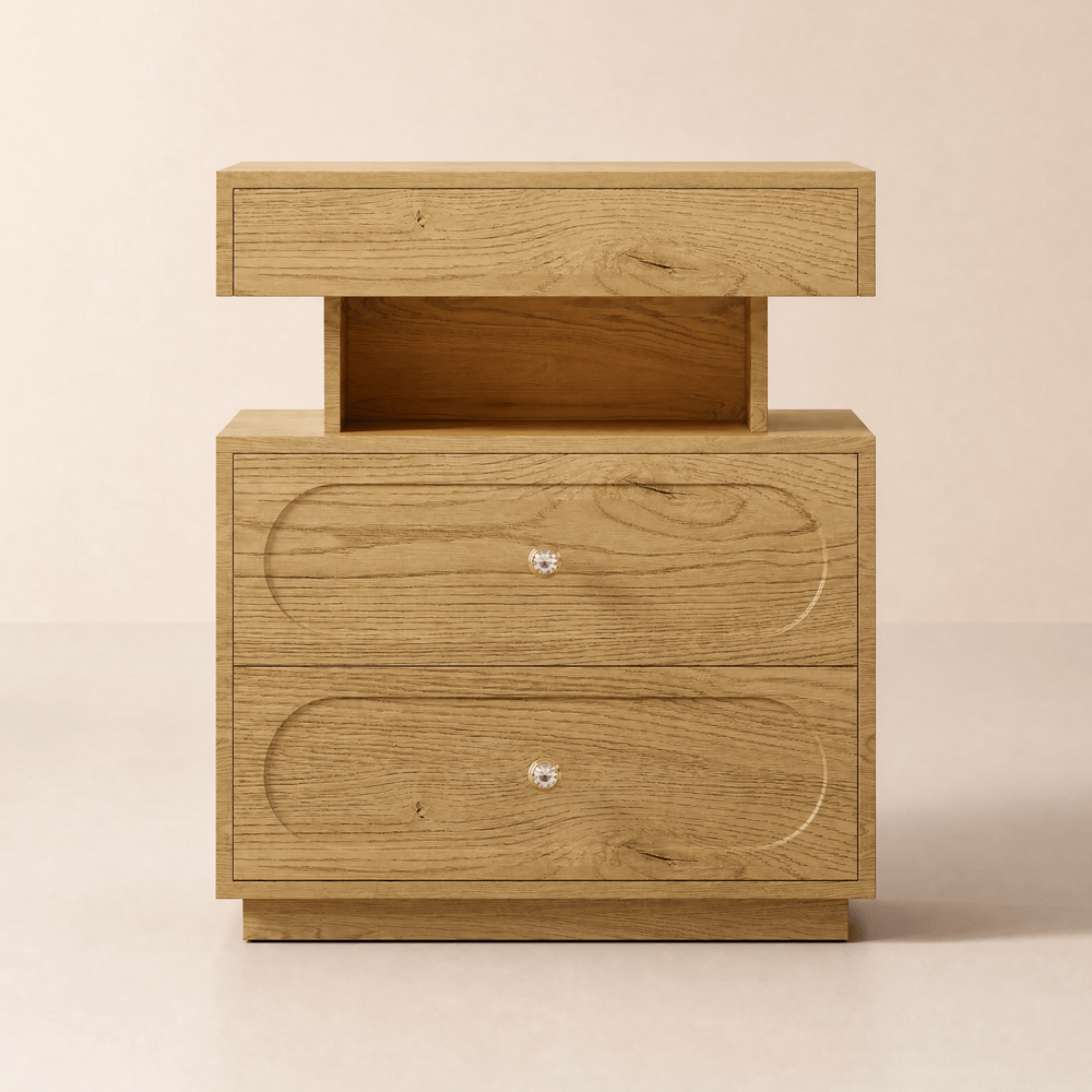Table de chevet LED Krila avec station de charge et étagère, finition naturelle image de fenêtre