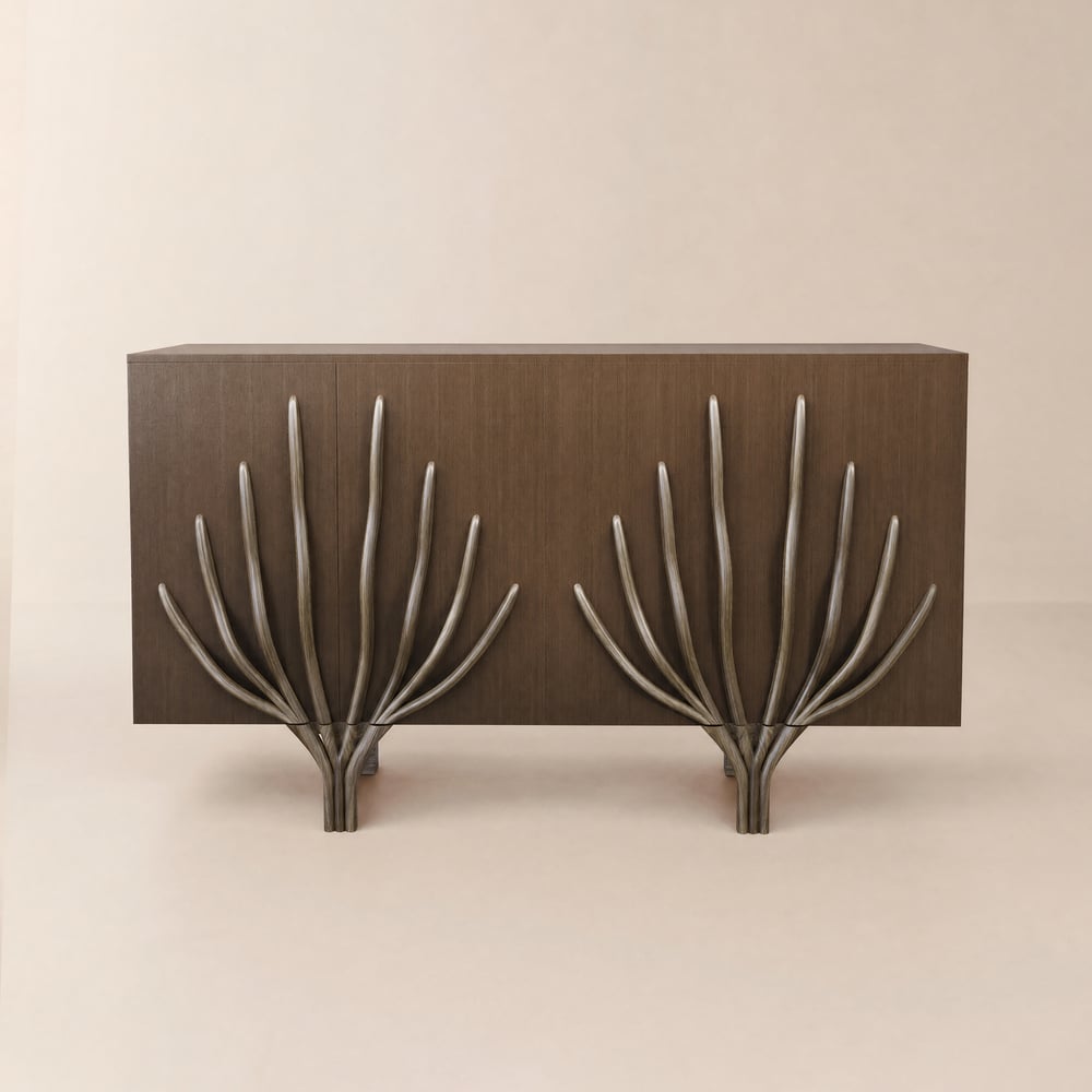 Buffet moderne du milieu du siècle en noyer de 160 cm avec motif de branche et 2 portes image de fenêtre