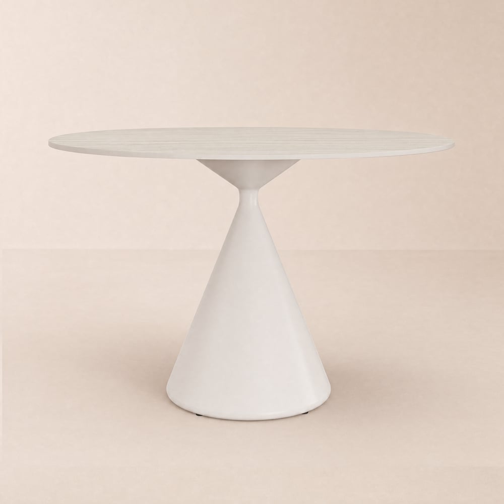 Mesa de comedor redonda moderna de piedra sinterizada de travertino mate de 99 cm, para 2 personas Imagen de ventana