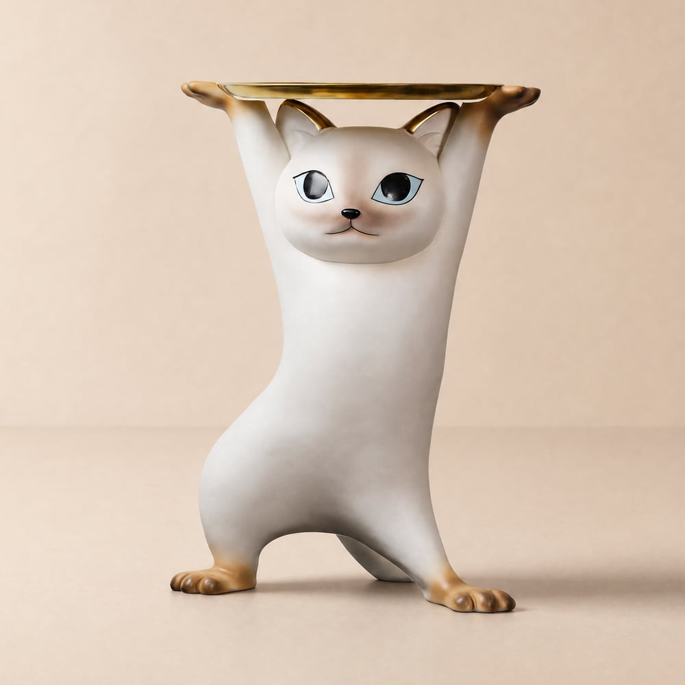Moderne 38 cm Witte Kat Hars Bijzettafel met Gouden Dienbladblad Vensterafbeelding