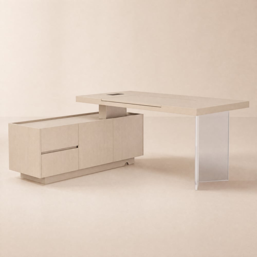 Bureau d'angle gauche 183 cm à plateau relevable, finition blanchie image de fenêtre