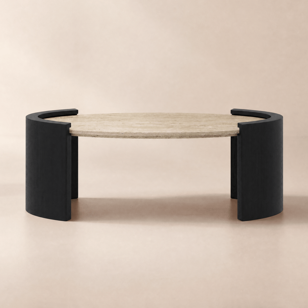 43" Japandi Oval Travertine Stone Top Coffee Table window image