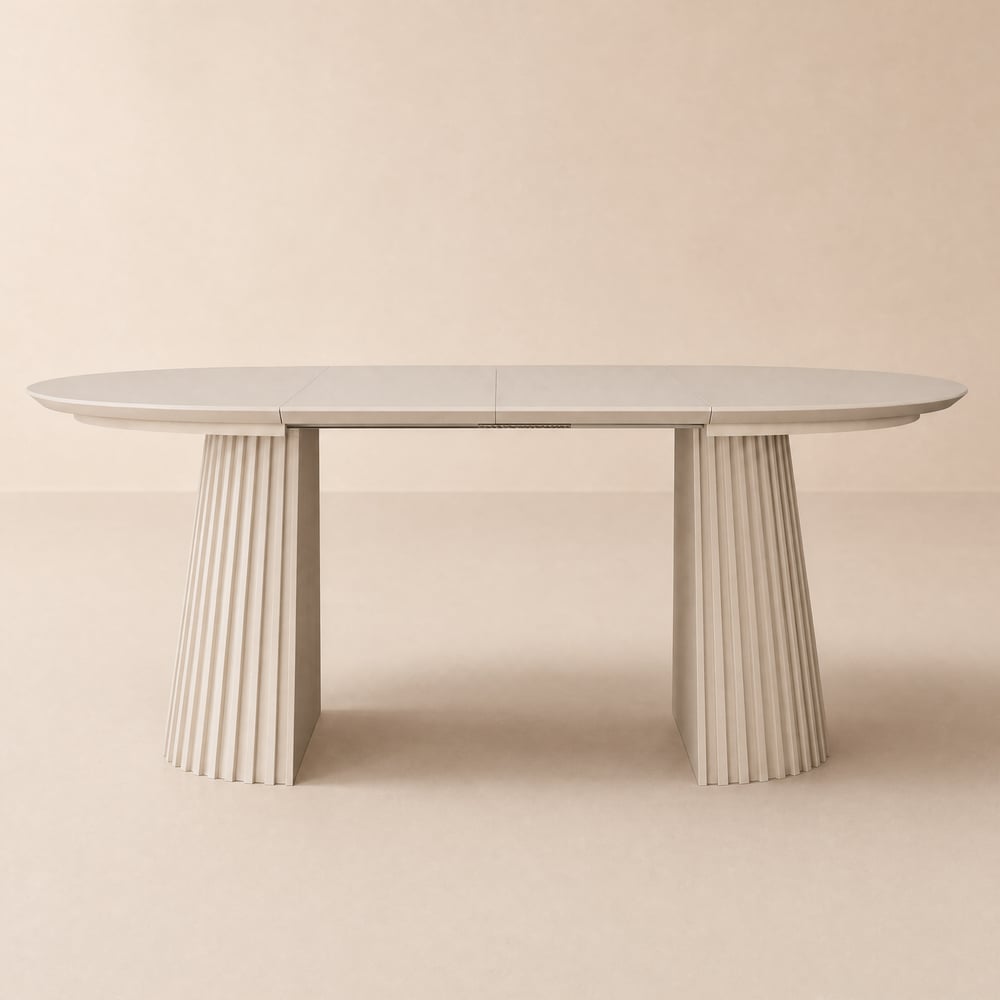 Table à manger moderne extensible de 119-201 cm en bois blanchi avec piètement cannelé, 4-6 places image de fenêtre