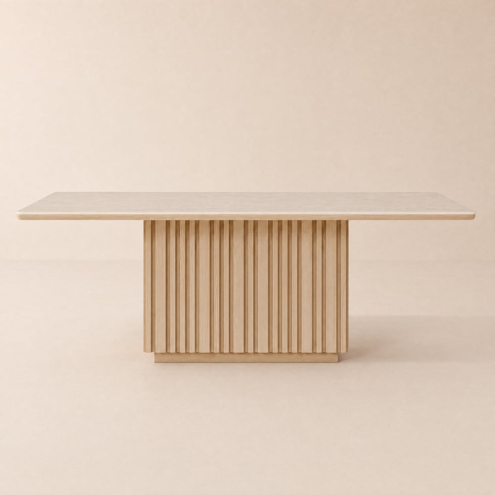 Table à manger rectangulaire Aura 214 cm en pierre frittée effet travertin, base cannelée, 8 places image de fenêtre