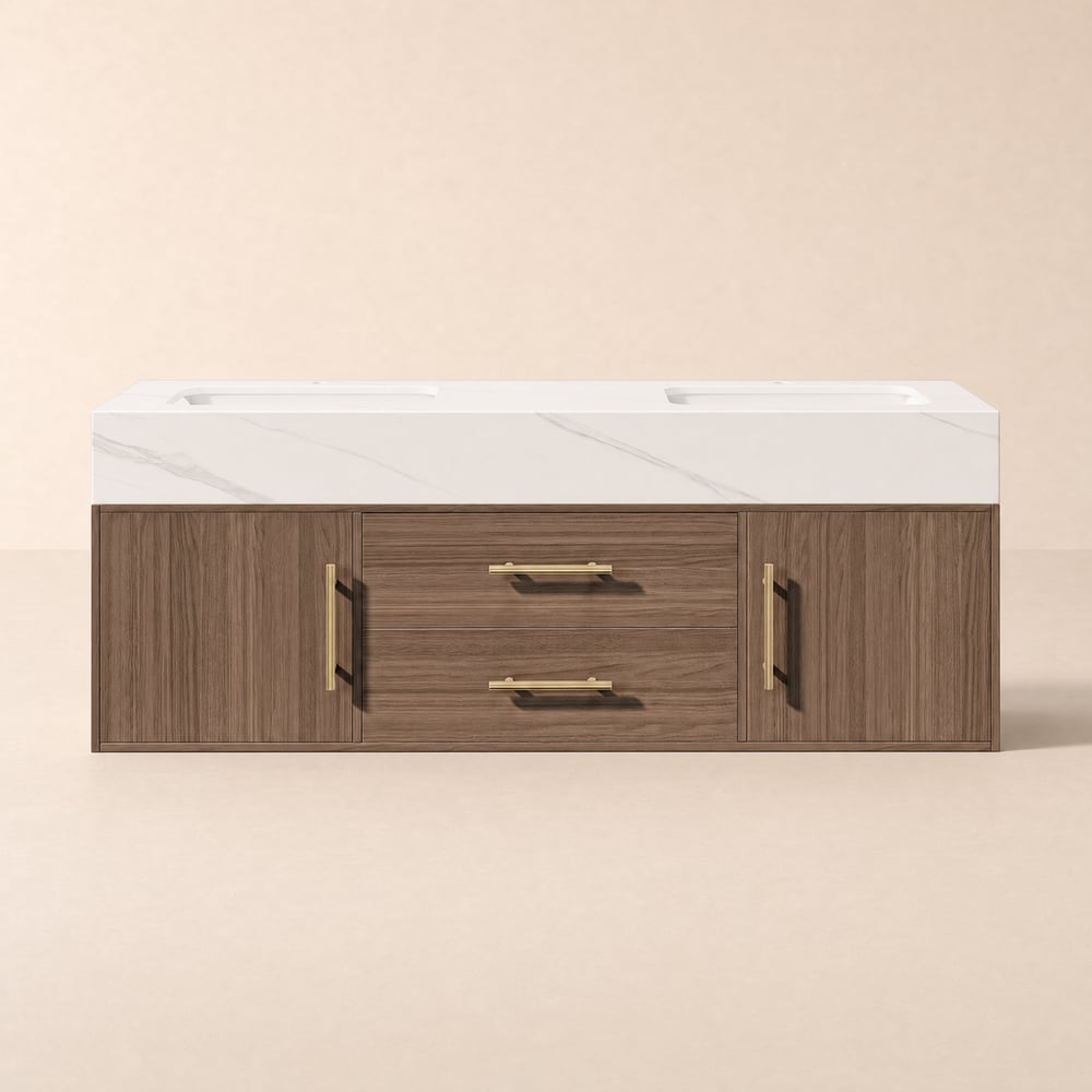 Meuble double vasque suspendu 150 cm finition noyer avec plan en pierre frittée, poignées dorées image de fenêtre