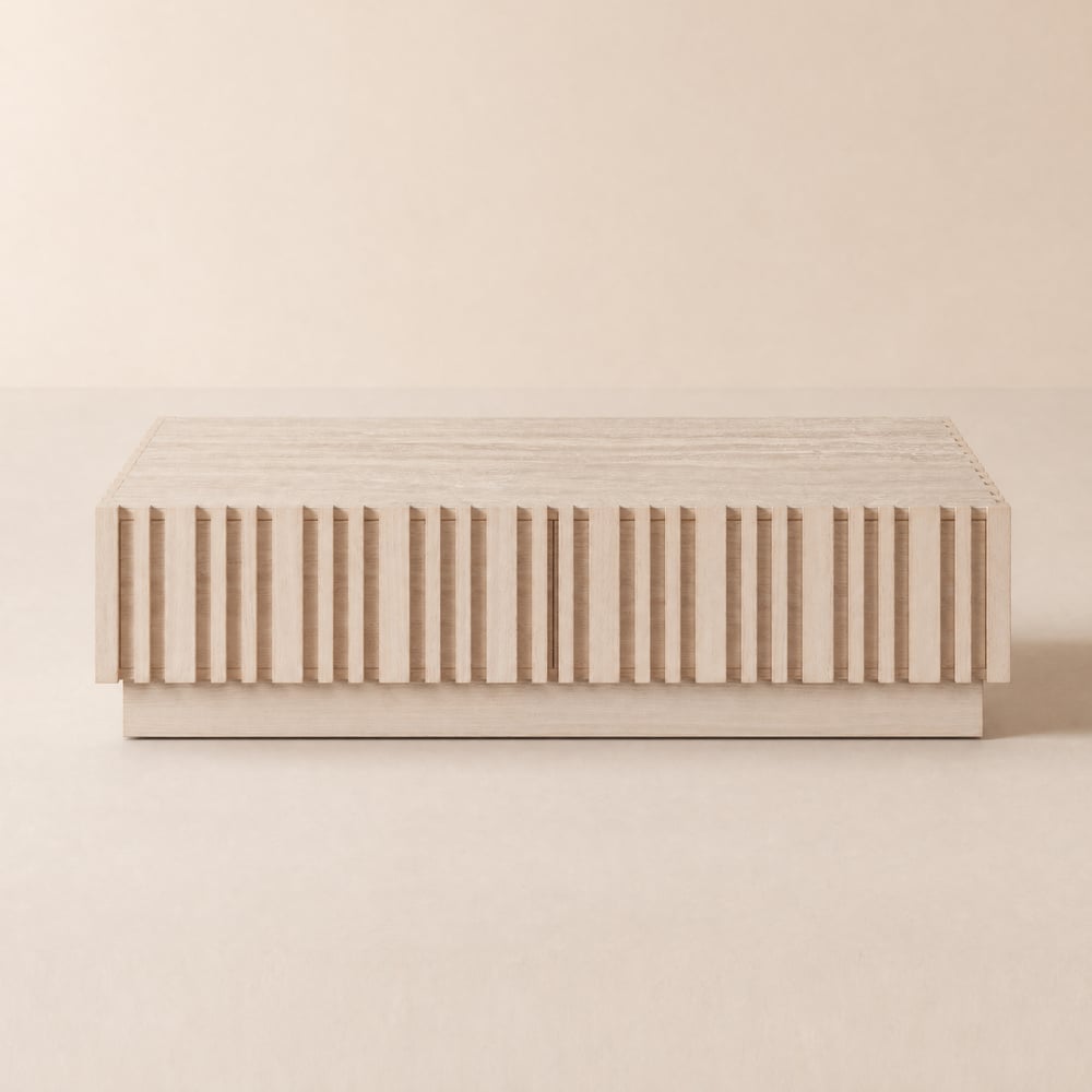 Aura 47" Ash Wood Slatted Coffee Table with Sintered Stone Top window image