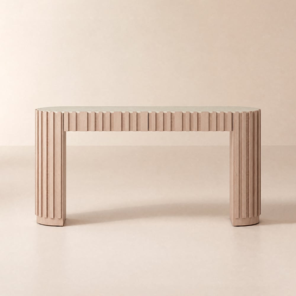 Aura 60" Ash Wood Fluted Whitewash Console Table With Sintered Stone Top window image