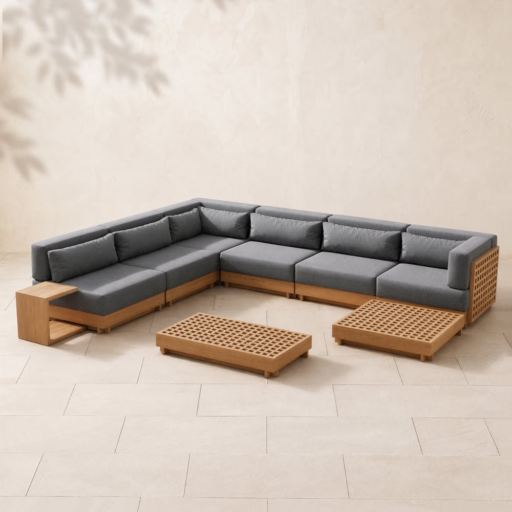 Grida Garden Set with 6-piece Modular Sofa, 2 Coffee Tables and 1 Teak Wood Side Table - Grey window image