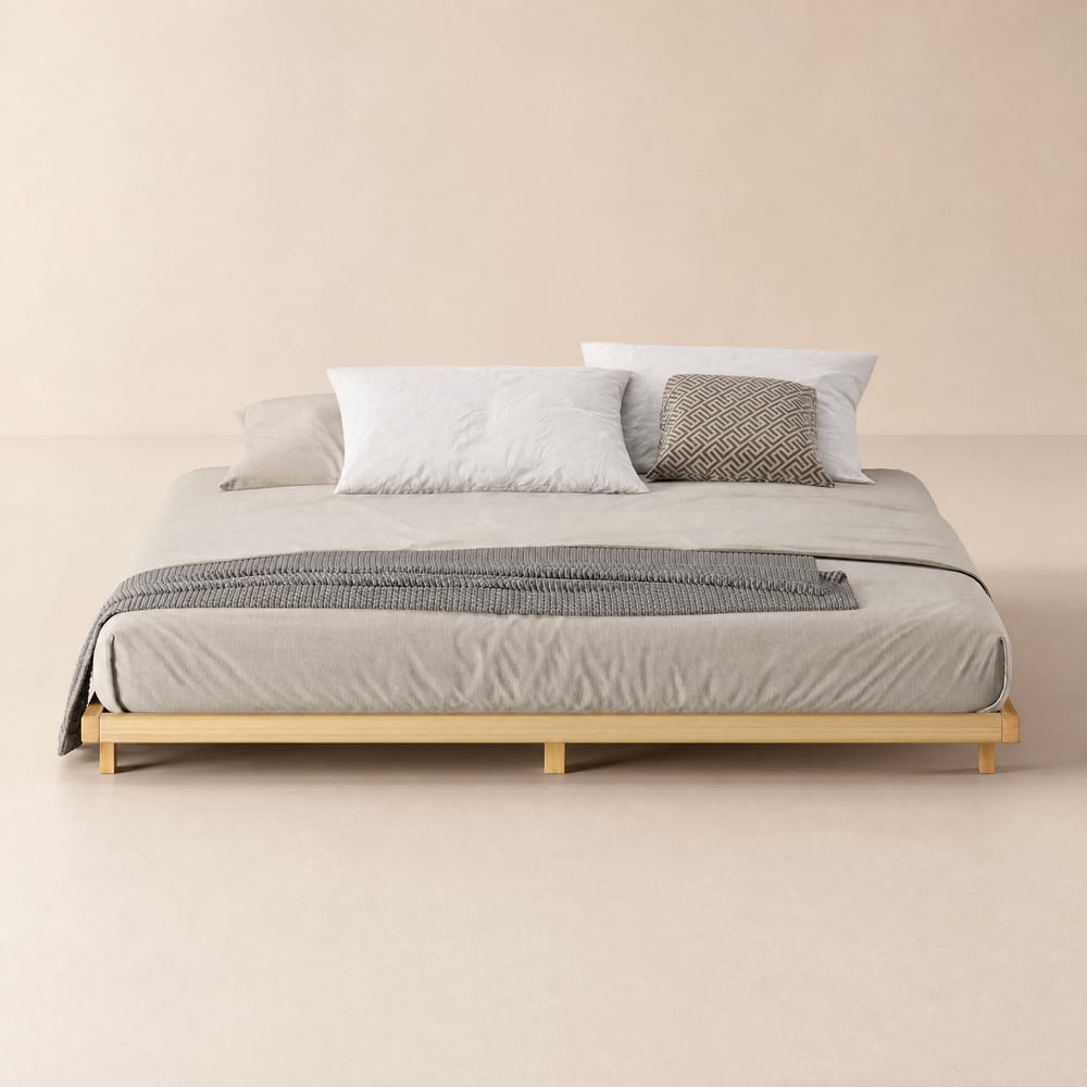 Japanese Style King Floor Wood Bed in Natural window image