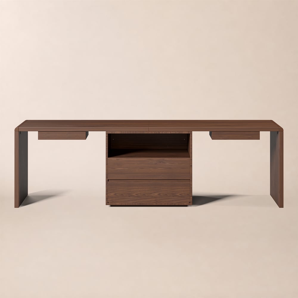 Modern 94" Rectangular Brown Double Desk with Drawers, Seats 2 window image