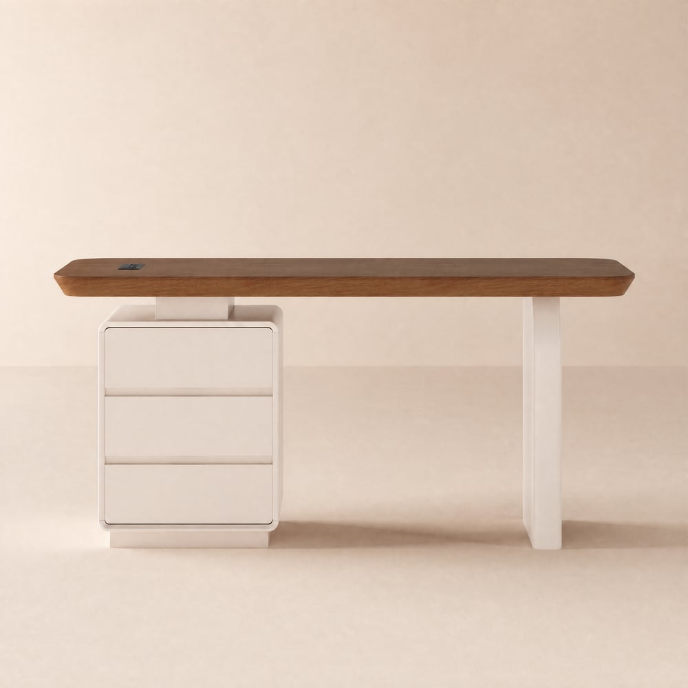 Modern 160 cm Rectangular Walnut Wood Desk with charging station & storage window image