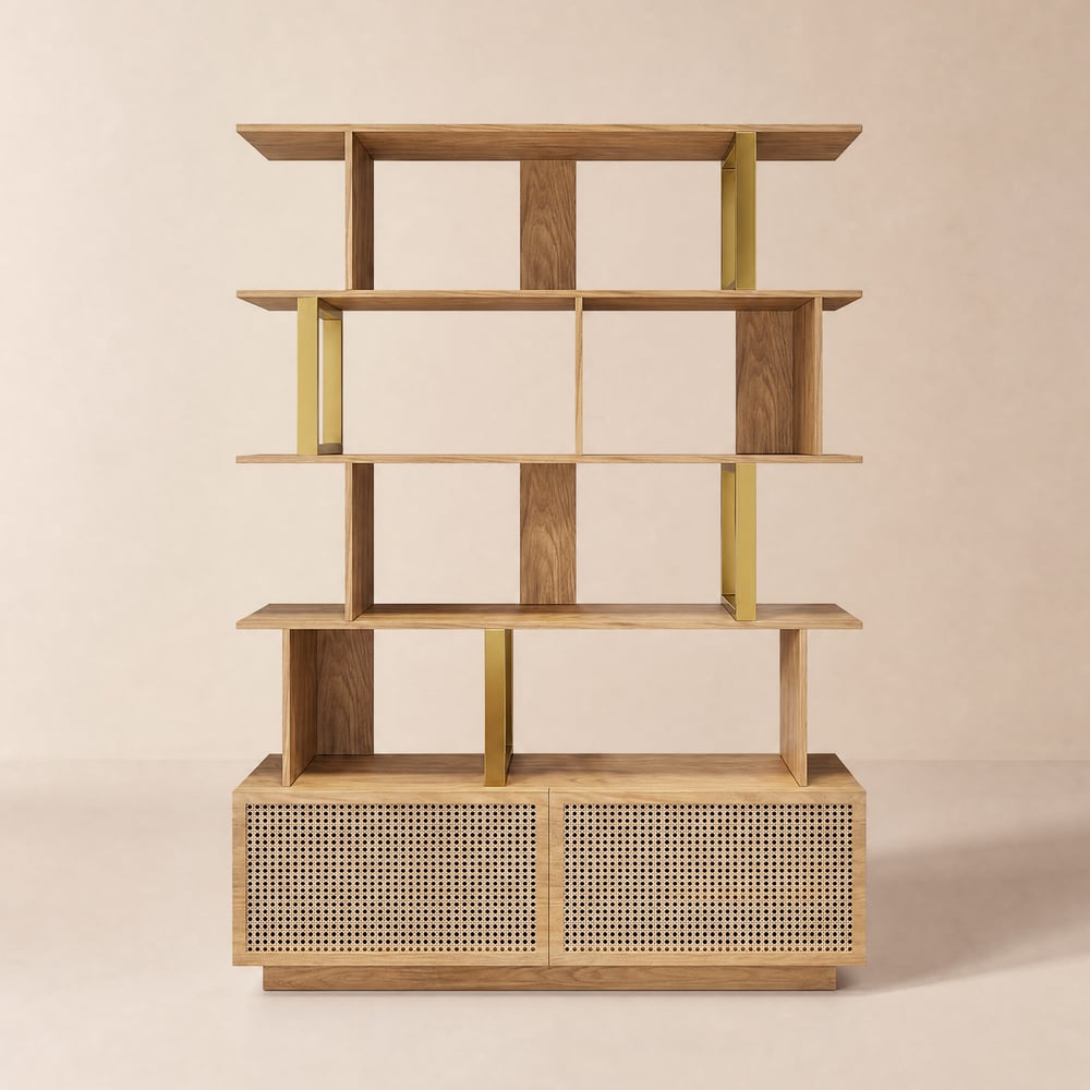 Bibliothèque moderne 165 cm finition bois naturel avec 5 niveaux et 2 portes image de fenêtre