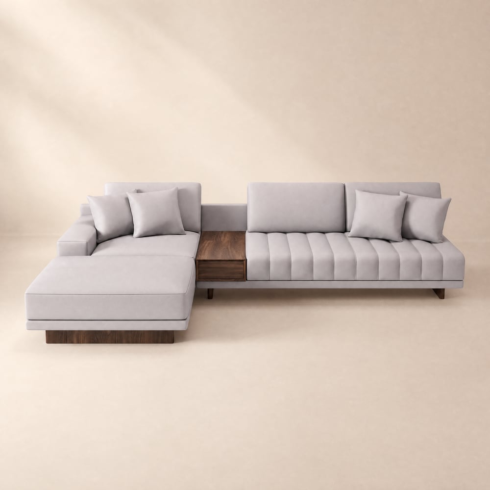 320 cm L-förmiges modulares Sektionssofa Vewal aus Performance-Leder mit Chaiselongue und Ottomane obraz okna