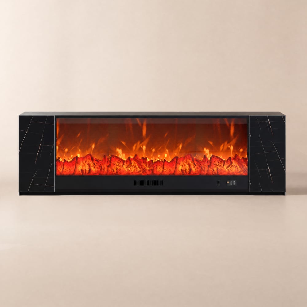 87" Sintered Stone Electric Fireplace TV Stand with Remote Control window image