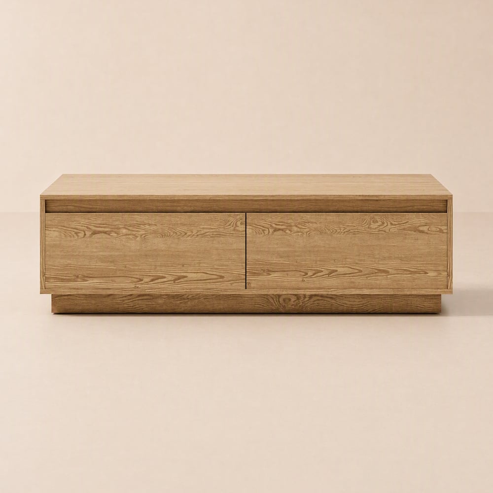 Table basse rectangulaire Mid-Century Fero 120 cm en bois naturel avec 4 tiroirs image de fenêtre