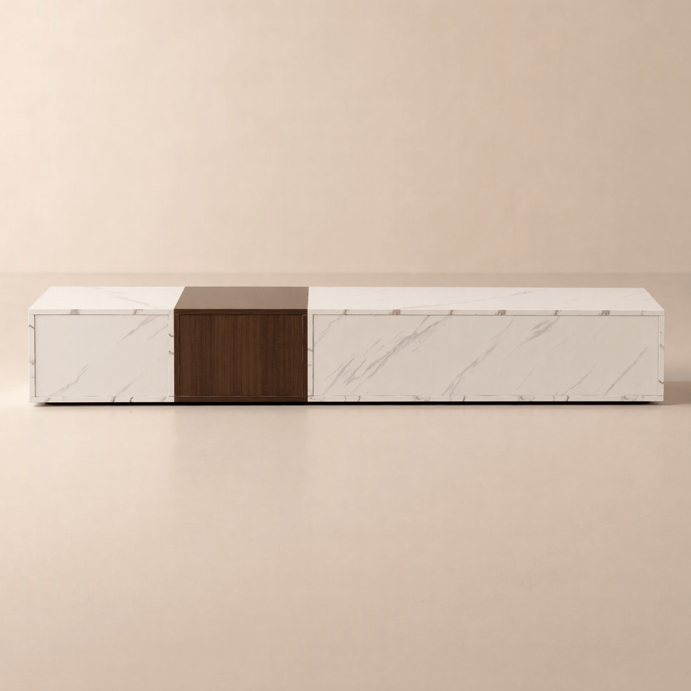 Vewal Modern Wood Block TV Stand Marble & Walnut Veneer in White with 4 Drawers window image