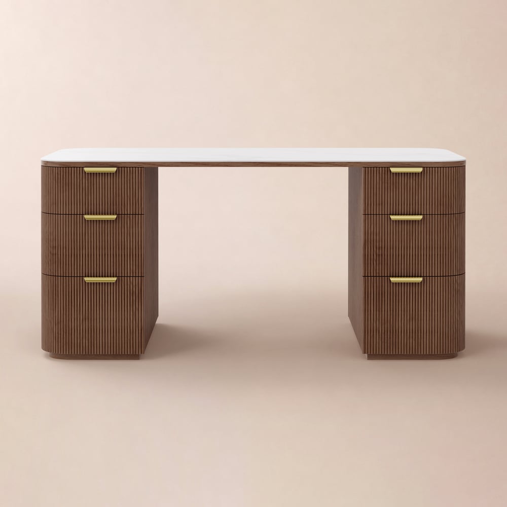 Modern 64" Rounded Edge Walnut Sintered Stone Desk with Dual Storage window image