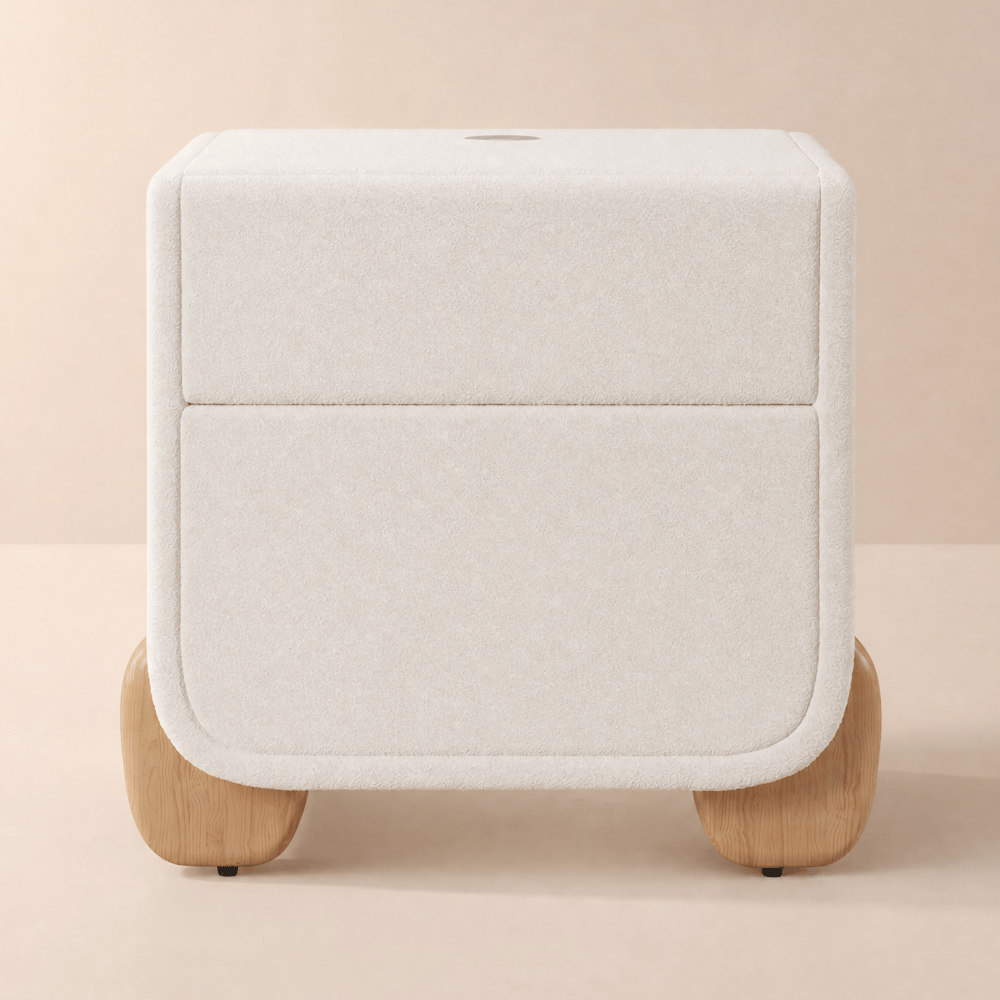 Curva Stolik nocny boucle, 2 szuflady, naturalne nogi i USB Vensterafbeelding