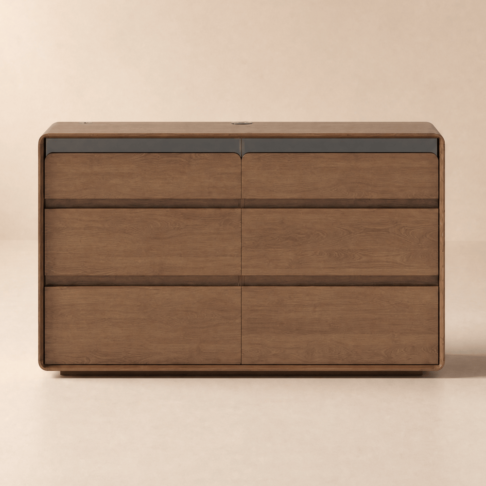 Meloa 47" Wooden Walnut 6-Drawer Dresser with Light and Charging Station window image