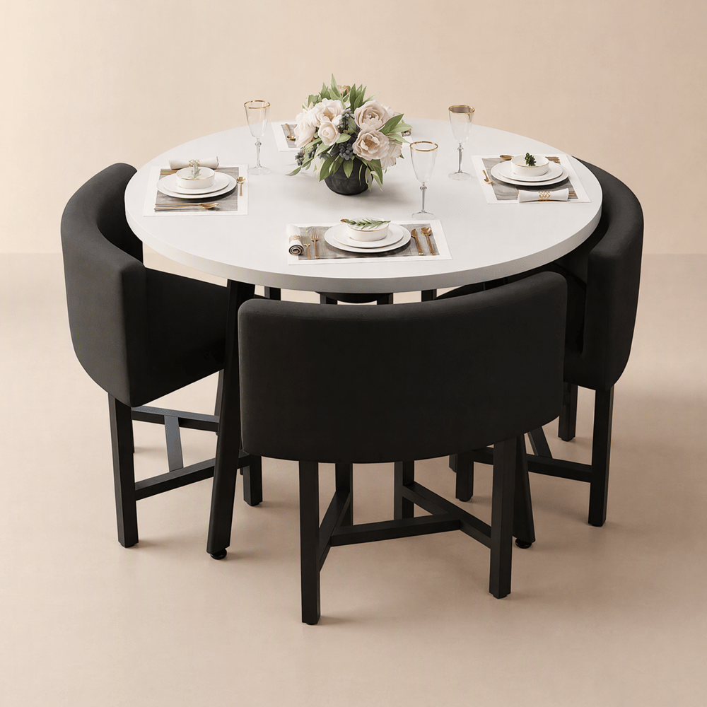 Round Small Dining Table Set Nesting with Black Upholstered Chairs for 4 Modern 1000mm window image